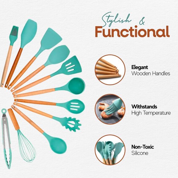 Silicone Cooking Set, 12 pcs Kitchen Utensils Set, Wooden Handle, Bucket Storage - Picture 4 of 7